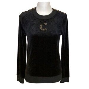Vintage Juicy Couture black velvet sweatshirt w/Juicy studded emblem.